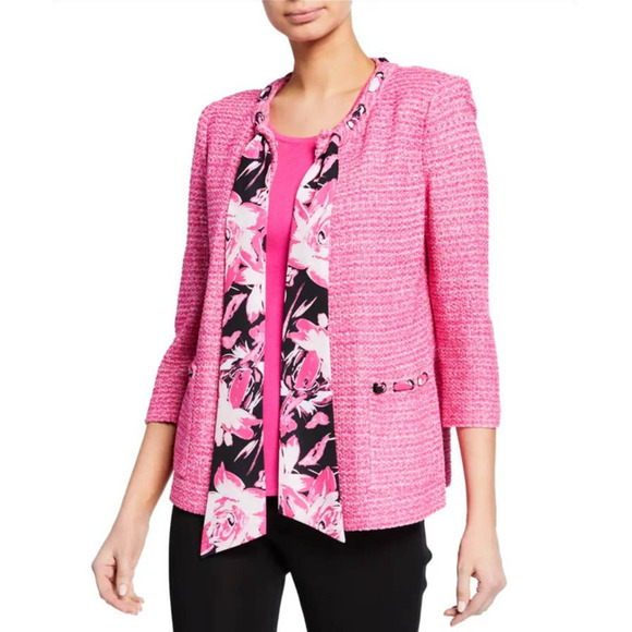 Misook Floral-Print Tie-Neck 3/4 Sleeve Tweed Jacket - Picture 1 of 6
